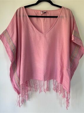 Z&L Embroidered Linen Drapey Top with Fringe